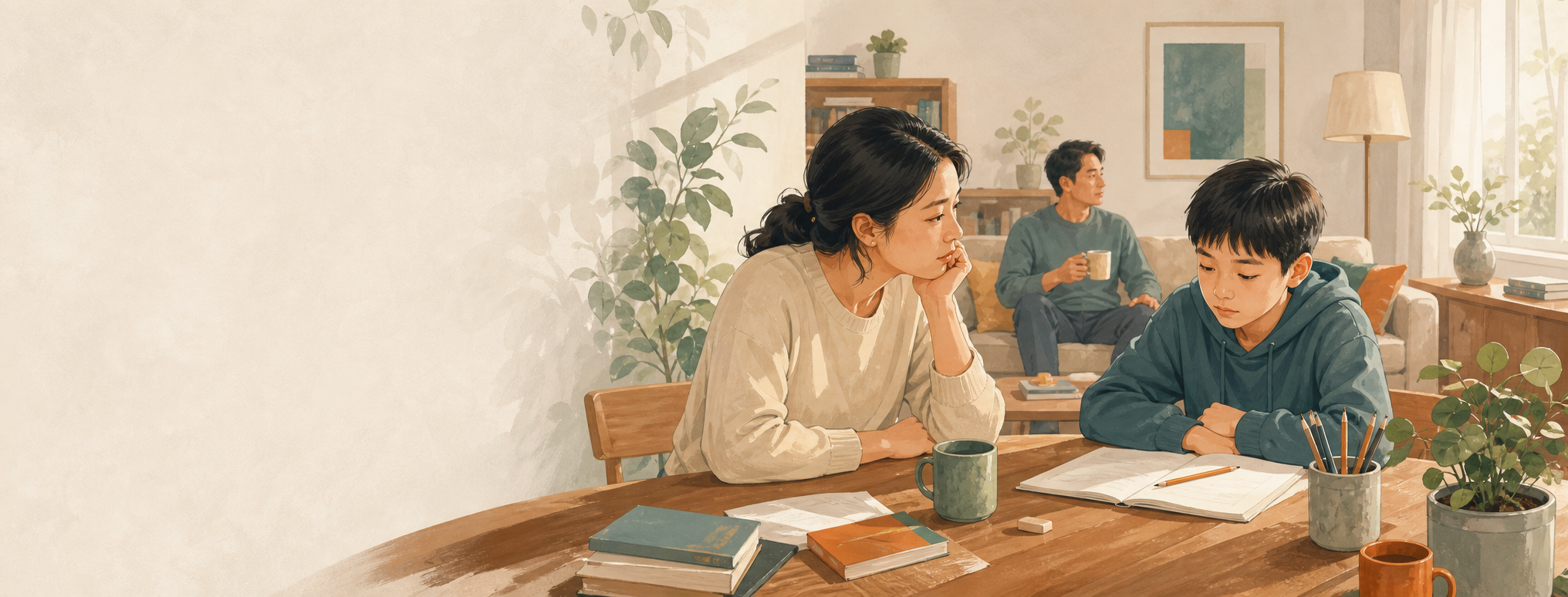 母亲陪伴孩子面对学习问题,父亲在背景中观察